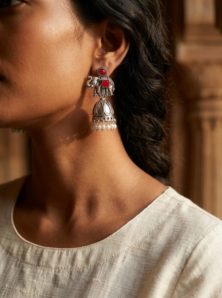Stylekari Red Elephant Square Heritage Oxidised Statement Earrings