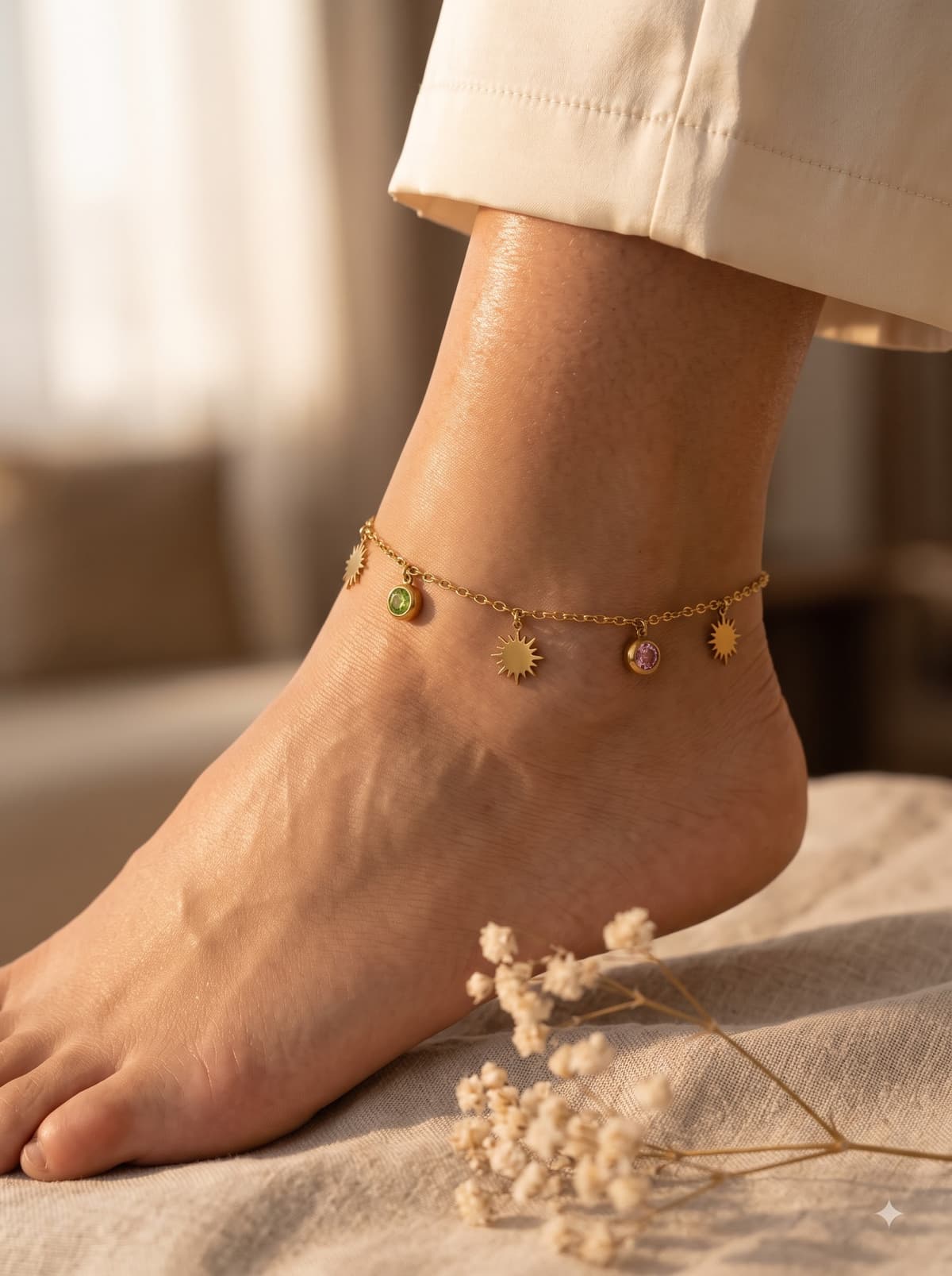 18K Gold Multi-Gemstone Charm Anklet on model