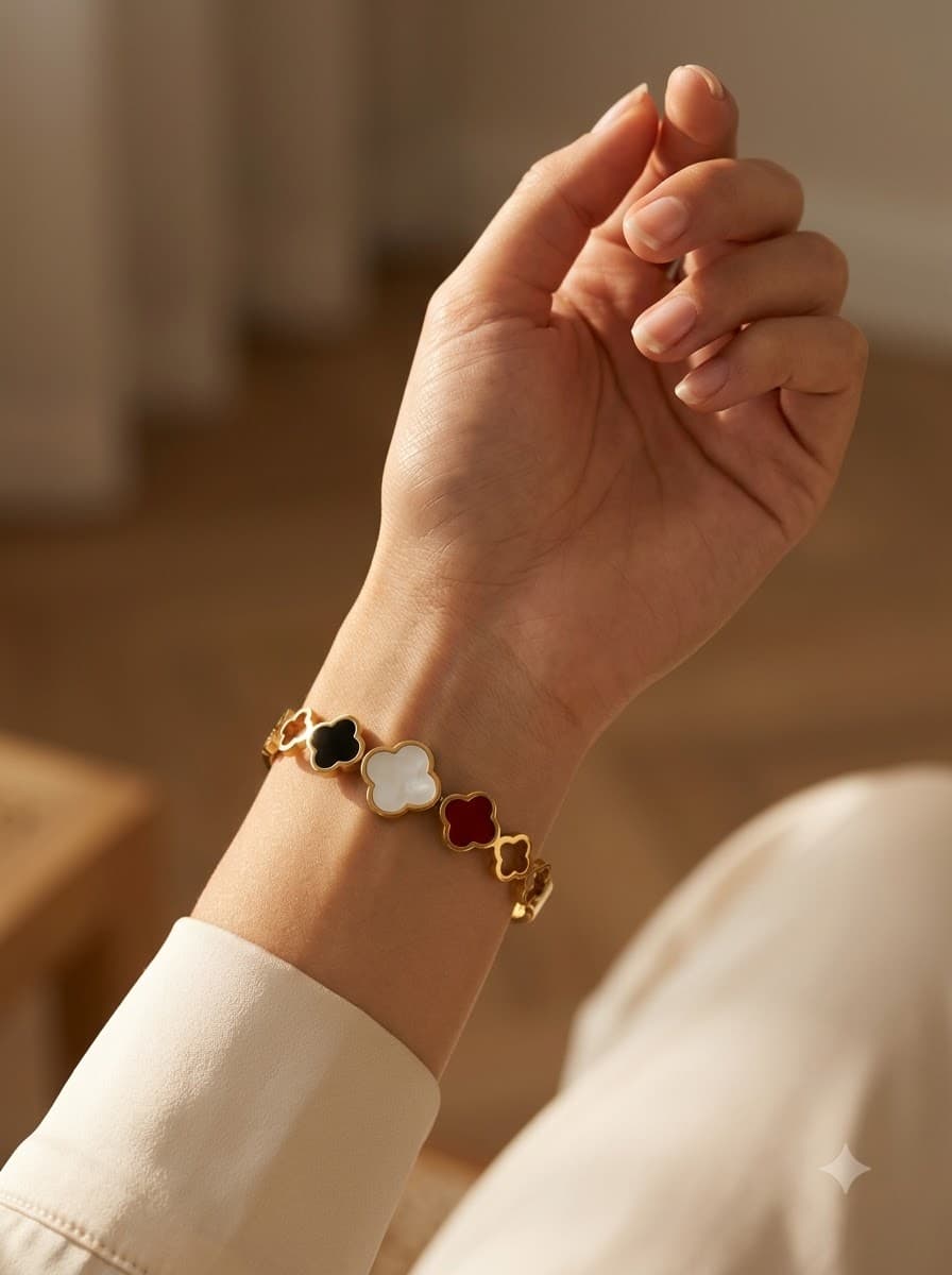 18K Gold Multi-Color 3-Leaf Clover Hinge Bangle on model